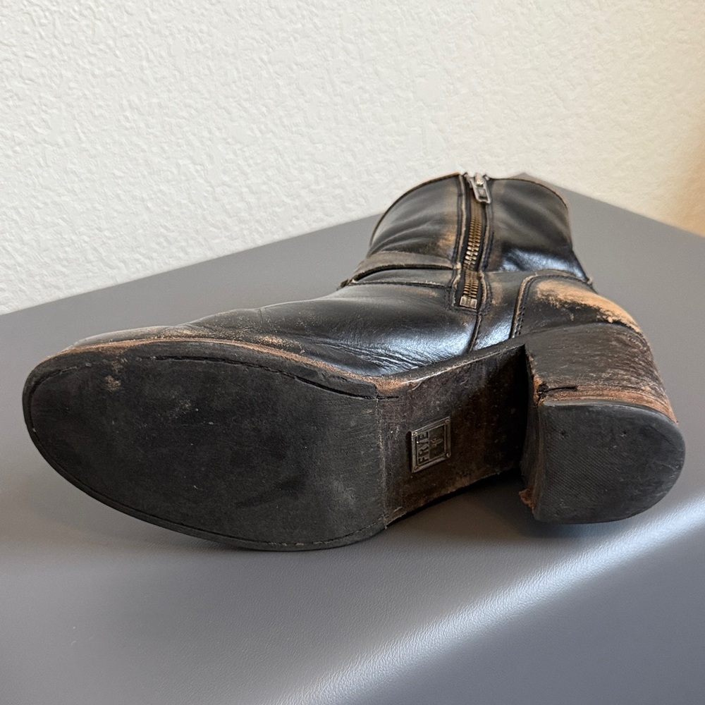 Frye Distressed Black Leather Mid Calf Boots with Buckle Detail - Picture 5 of 16